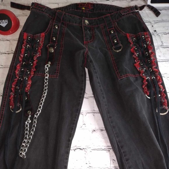 Women's Tripp NYC Daang Goodman Gothic Pants Punk Chain Sz 7 Black/Red Baggy - Picture 2 of 8